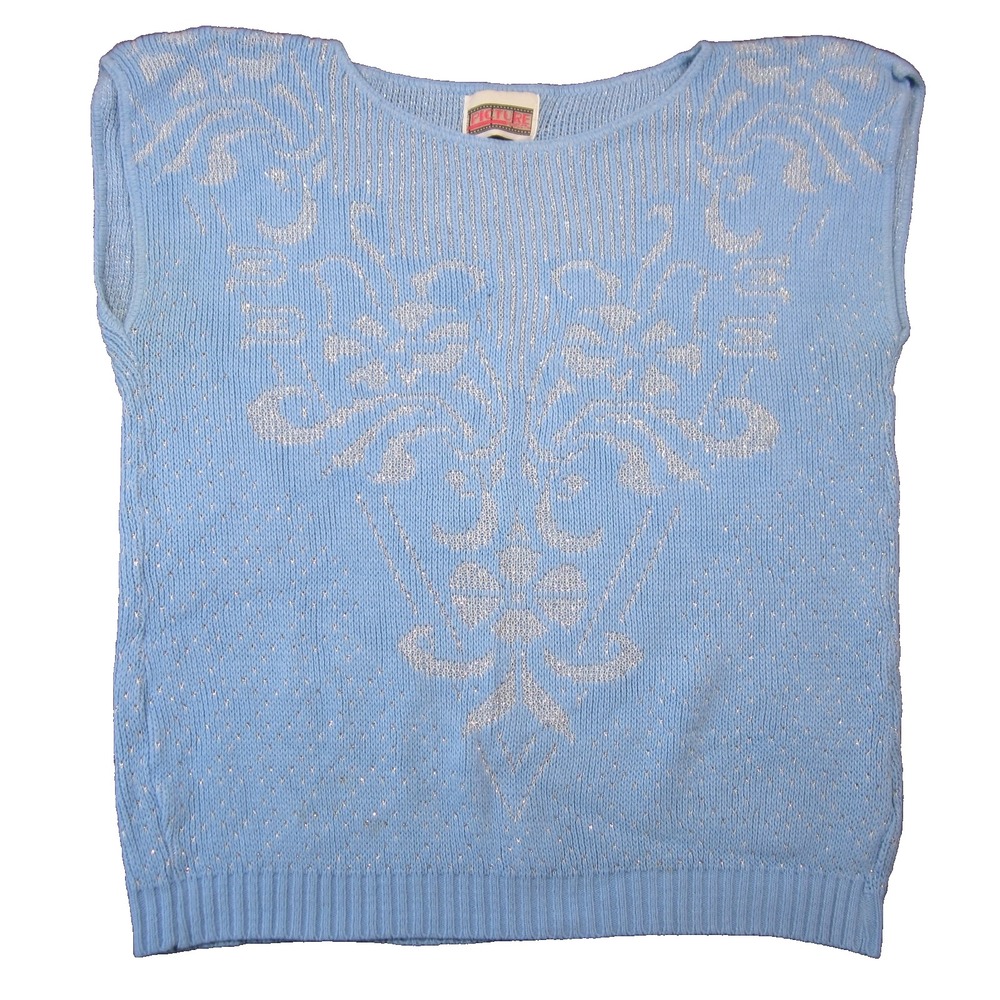 Vtg 80s Picture Perfect Cap Sleeve Sweater L Blue Silver Floral Retro Metallic